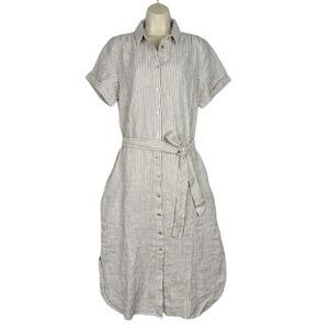 Garnet Hill 100% Linen Shirt Dress Brown Stripe Belted Midi Short Sleeve Size 8